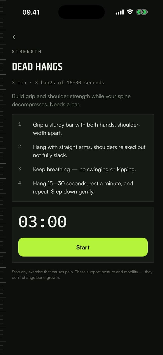Dead hang exercise with steps and a three-minute timer