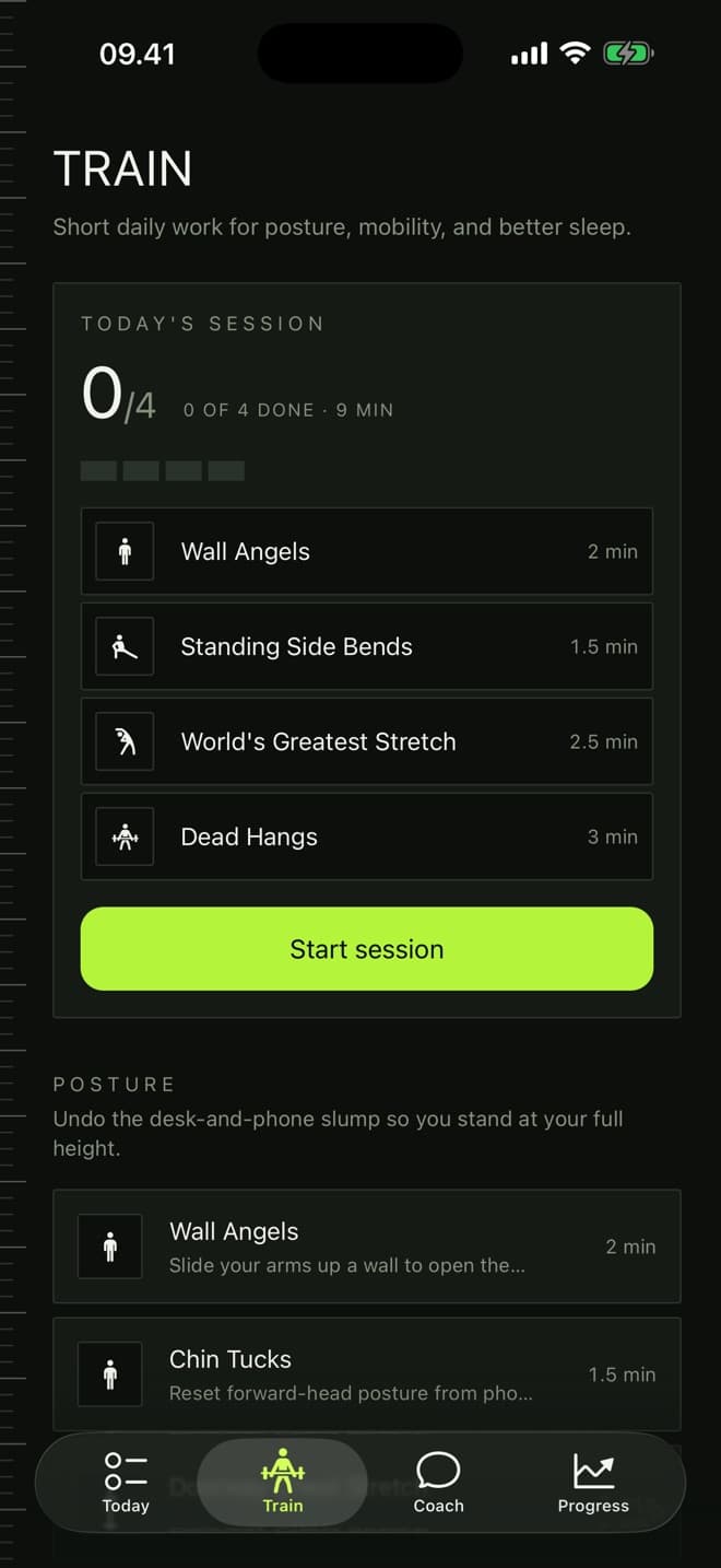 Train tab with today's session of four exercises