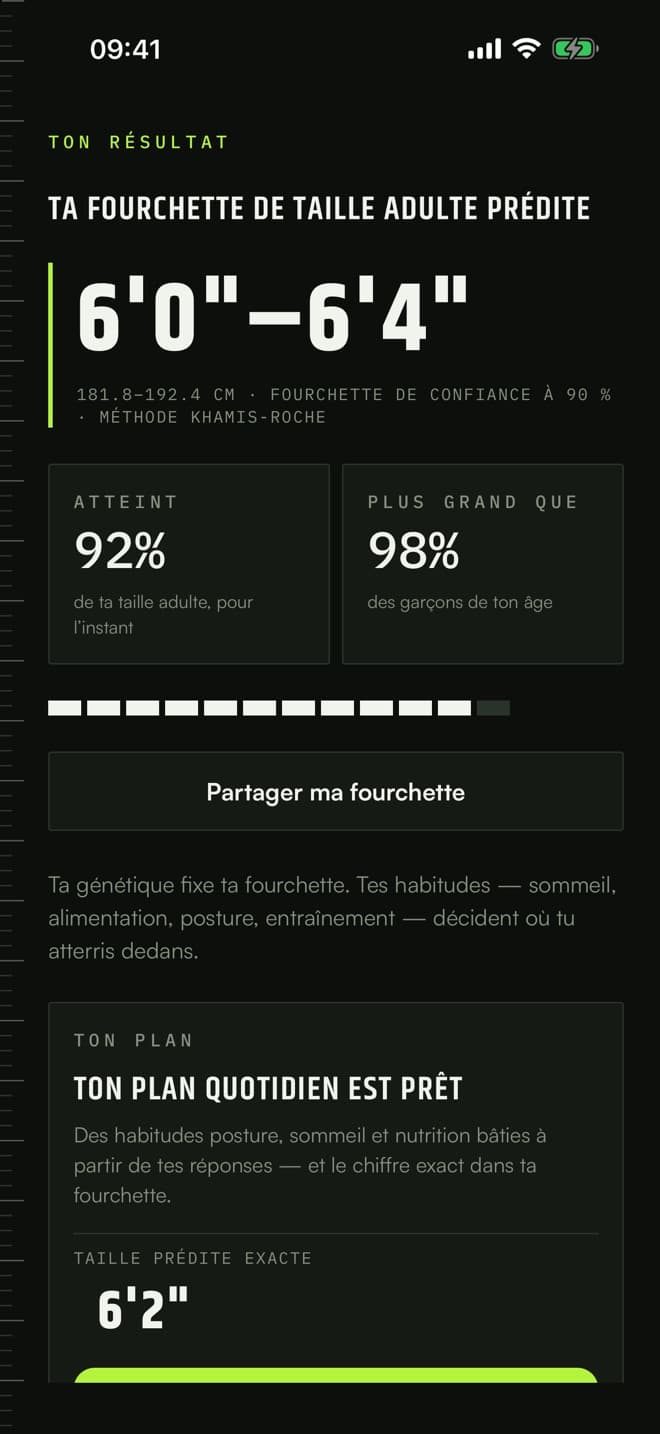 Écran de résultat TallPath : fourchette de taille adulte prédite