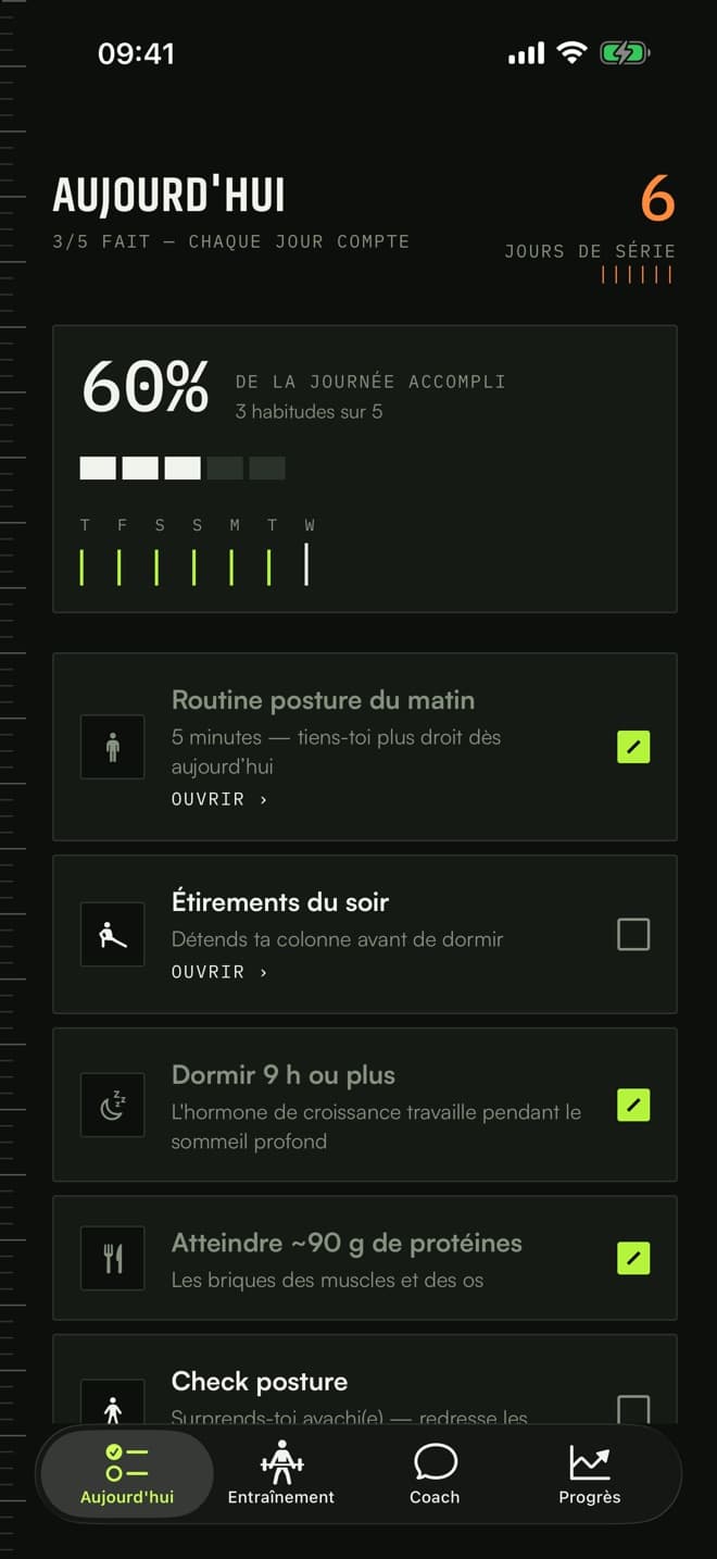 Écran Aujourd'hui avec cinq habitudes et une série de six jours